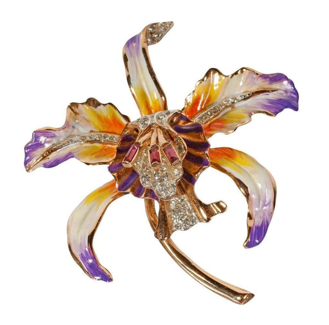 Coro Craft Adolph Katz silver orchid brooch, 1950's: accented with rhinestones; measuring: 2 1/2 in.