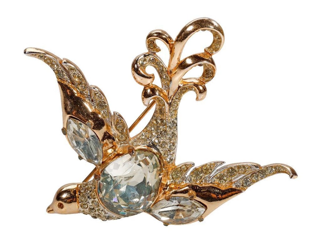Coro Craft and Coro rhinestone brooches: of rose and swallow motifs: lengths 2 1/4 and 2 1/2 in, respectively