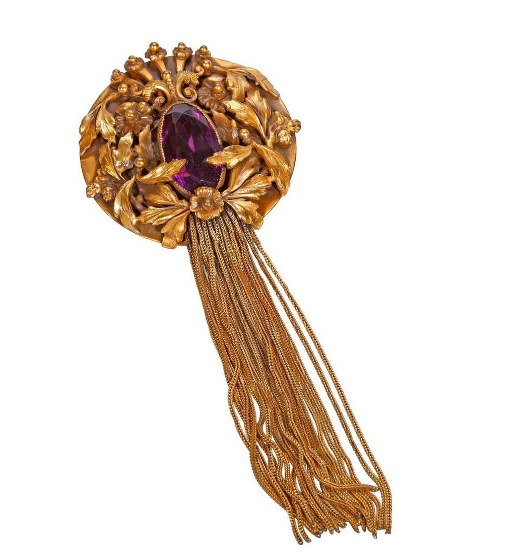 Joseff of Hollywood: of Nouveau style, with purple stone and long tassel; length: 5 3/8 in.