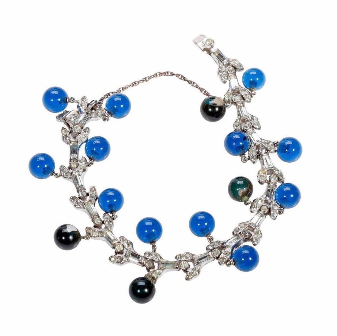 Crown Trifari Alfred Philippe bracelet: of Art Deco design, with rhinestone and blue glass beads; length: 7 1/4 in.