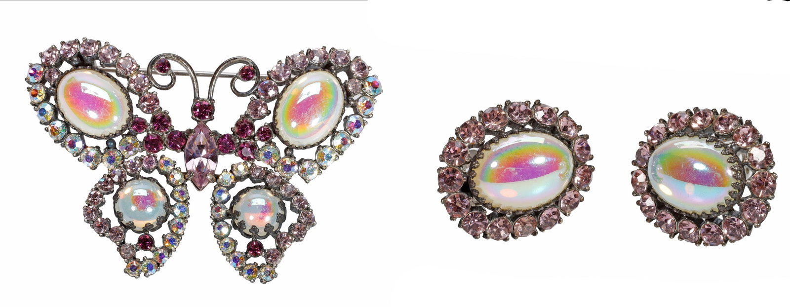 Scapiarelli Aurora brooch and earring set: comprising an articulated butterfly brooch, together with a pair of oval-shaped clip earrings; brooch length: 3 in, earrings: 1 in.