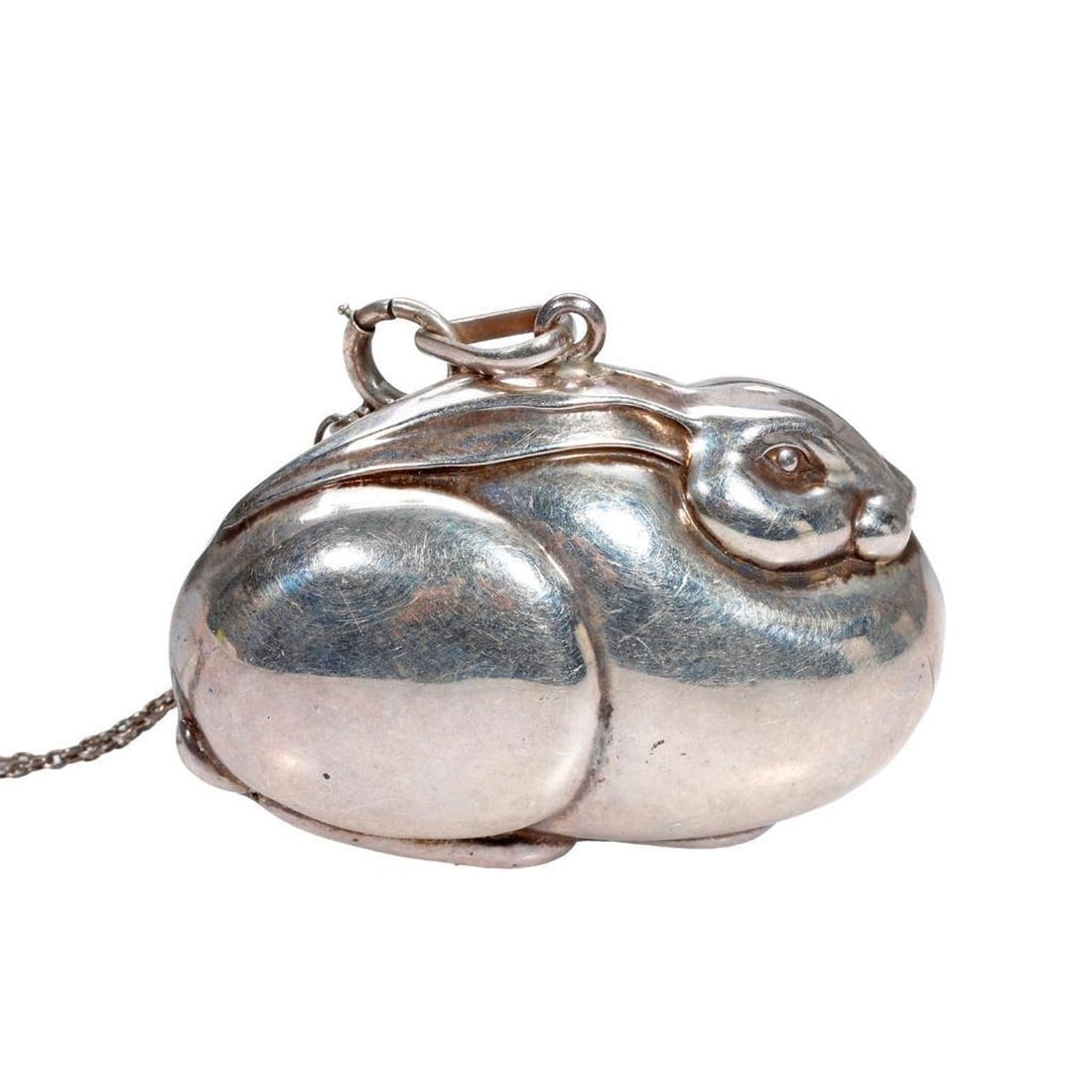 R.M. Trush sterling silver rabbit pendant wit chain: the puffed, dimensional rabbit pendant suspended from a fine silver and bead chain; gross weight approximately 16.8 grams; pendant measures 1 3/4 x 1 7/8in, chain length: 31 in.
