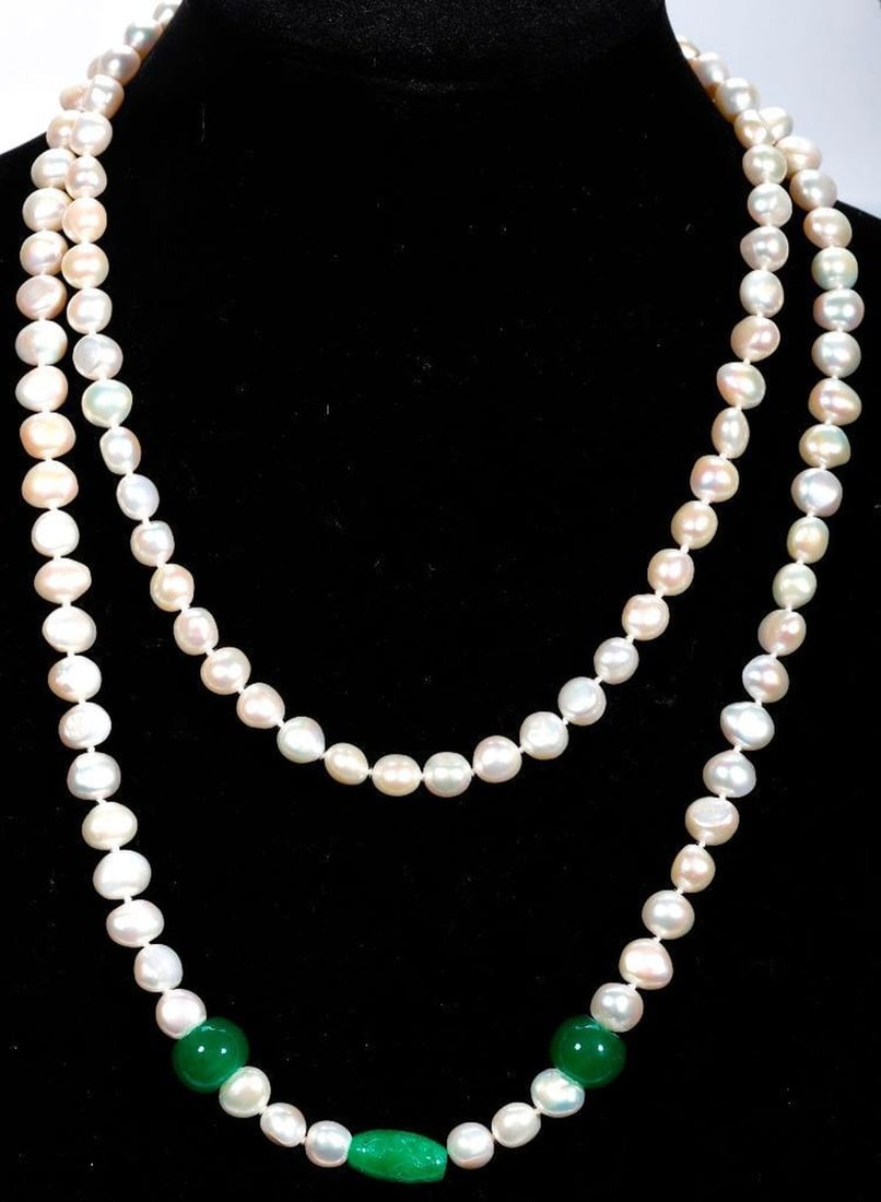 Freshwater cultured pearl, jade, 14k gold necklaces (1 of 4)