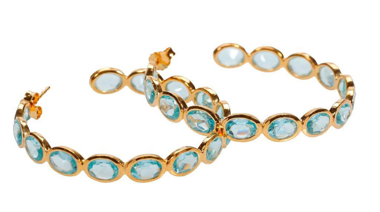 A pair of blue topaz and gilt silver hoop earrings: set with 28 oval-shaped blue topaz; weighing approximately 10.5 grams; length: 1 3/4 in.