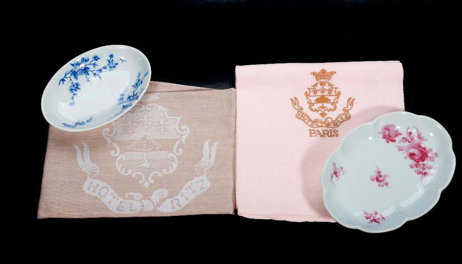 Paris Ritz Hotel Souvenirs and Two Men's Shirts: Two Arrow Belmont Club striped button-down men's shirts "fresh" from the Paris Ritz Hotel laundry service, cotton/polyester blends, each size 17 1/2" neck / 34/35 sleeve (approx. XL). Together with tw