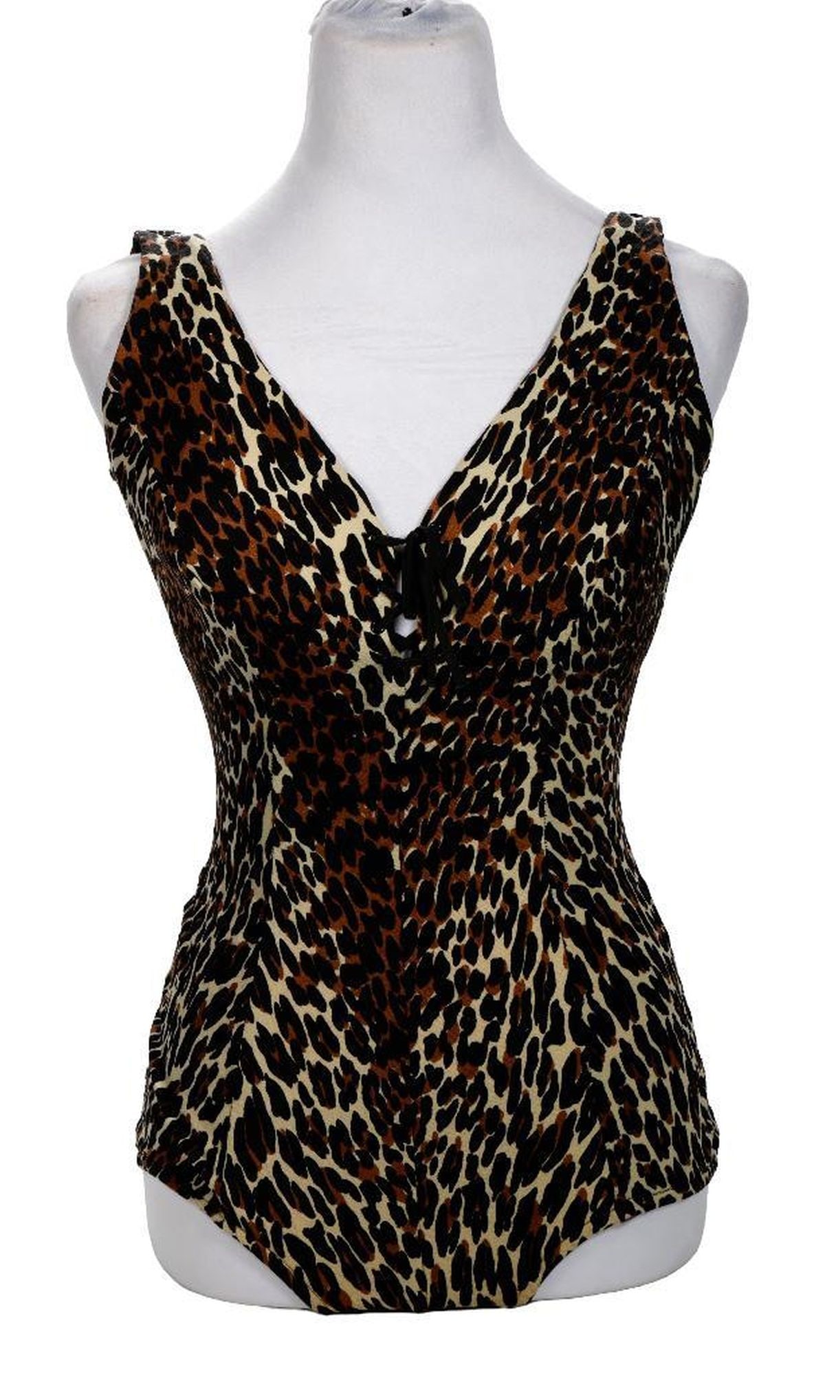 Vintage Cole of California Leopard Print Swimsuit, 1960s: An original 1960s Cole of California labeled one-piece leopard print nylon swimsuit, with low back and lace-up bust line, button straps. Approx. size L. Approx. flat measurements (unstretched): top sh