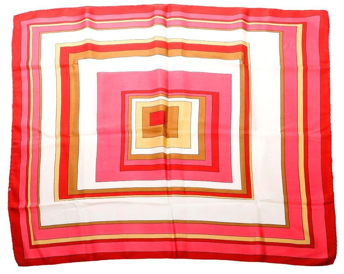 Vintage Pucci Style Pink Geometric Silk Scarf: A vintage silk scarf/large kerchief in geometric pattern in pink, red, gold, and white. No label, but possibly Emilio Pucci. Good vintage condition. Approx. 26" sq. THE ESTATE OF JOAN A. NITIS