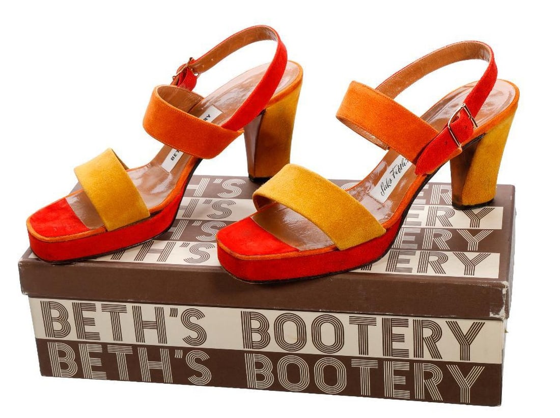 Vintage Beth's Bootery Multicolor Suede Sandals (Sz 6/6.5): A pair of circa 1970s platform heel (3 3/8") style sandals, in red, yellow, and orange suede 3 3/4" heel (approx. Sz 6/6.5). Labeled Beth's Bootery and Saks Fifth Avenue. Good vintage condit