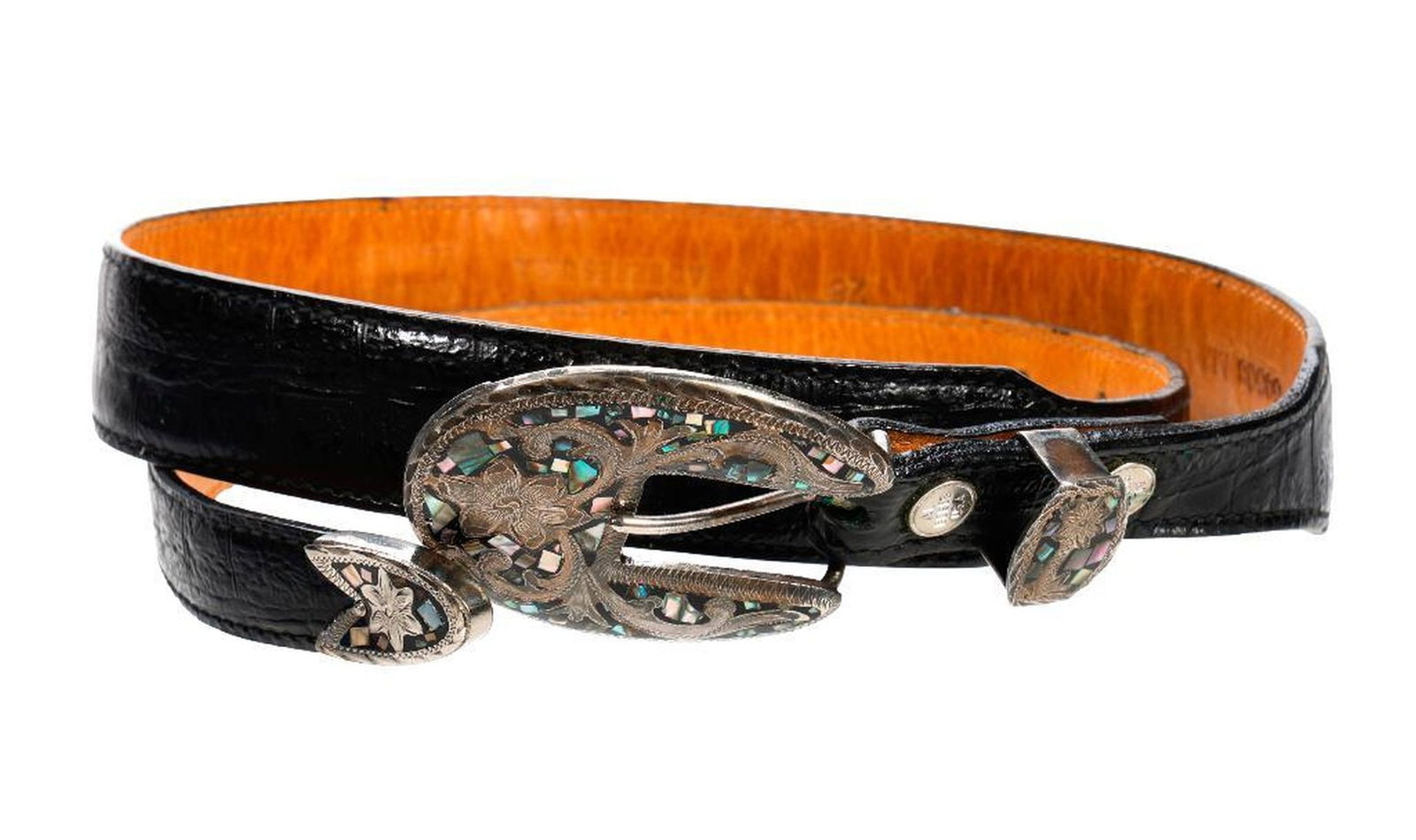 Al Beres Mother-of-Pearl Buckle and Alligator Belt: A Southwest style belt by Al Beres, with the artisan's stamp on the buckle, rivets, and leather; no silver mark (possibly plated). The belt of black alligator leather, total length 42" (smallest