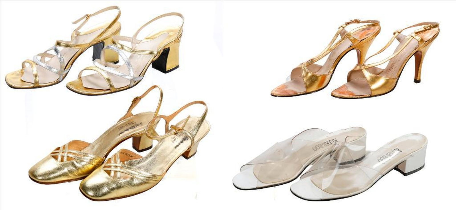 Four Pairs of Vintage Sandals (Sz 6-7.5), 1960s-1970s: Four pairs of circa 1960s-1970s sandals/high heels: I. Miller Made Expressly for I. Magnin Co. gold leather strappy high heels, 3 3/4" heel (Sz 6); Young Elite Shops/Saks Fifth Avenue Made in Italy go