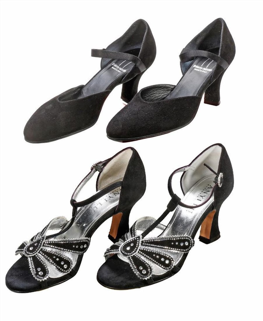 Two Pairs of Vintage Made in Italy Suede Heels (Sz 7/7.5): Two pairs of designer Made in Italy black suede heels: Thierry Rabotin pumps, elastic strap, 2 3/4" heel (Sz 7); and Anyi Lu T-strap sandals, 2 3/4" heel (Sz 7.5), with silver leather and "jewel" embe
