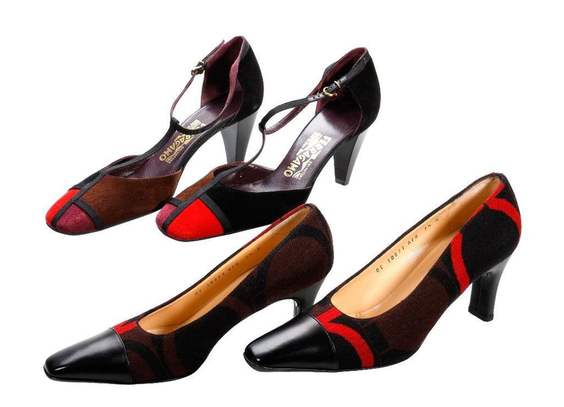 Vintage Ferragamo Pumps, Two Pairs (Sz 7.5): Two pairs of circa 1980s-1990s Salvatore Ferragamo Made in Italy high-heeled pumps: one with woven brown, black, red abstract fabric and black leather toe, 3" heel (Sz 7.5B); and a T-strap in brown, b