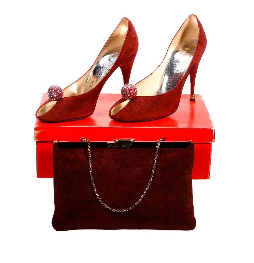 Vintage Charles Jourdan Maroon Suede Pumps (Sz 6.5B), with Purse: A pair of circa 1980s Charles Jourdan Paris, Made in France, maroon peep-toe pumps, "jeweled" ball embellishment, 4" metal-tipped heel (Sz 6.5B); in very good vintage condition, light wear to sol