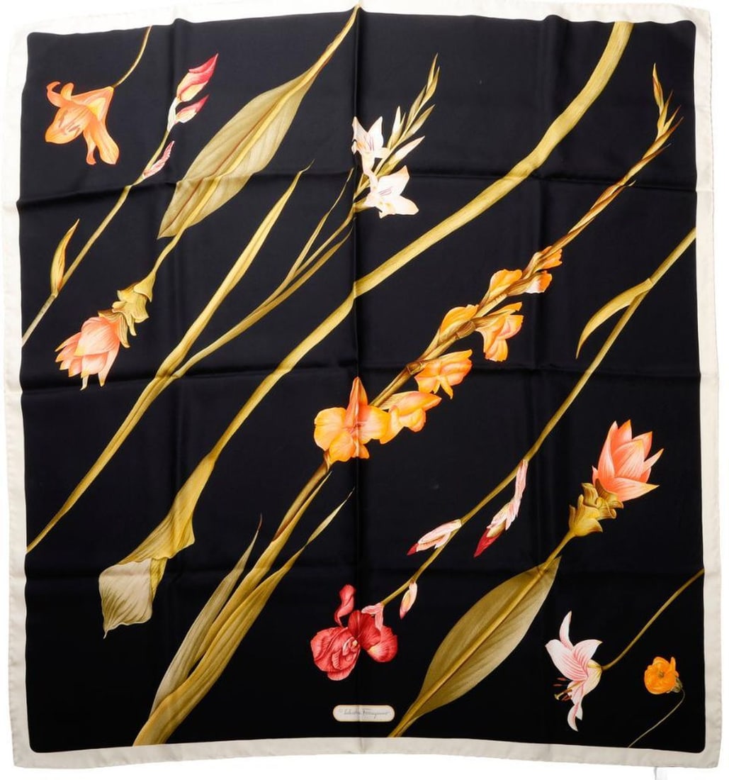 Vintage Ferragamo Floral Silk Scarf: A vintage Salvatore Ferragamo silk scarf, with white, pink, peach tone blooms on black ground, cream border. Approx. 34.5"/35" sq. Excellent vintage condition. In box. THE ESTATE OF JOAN NITIS