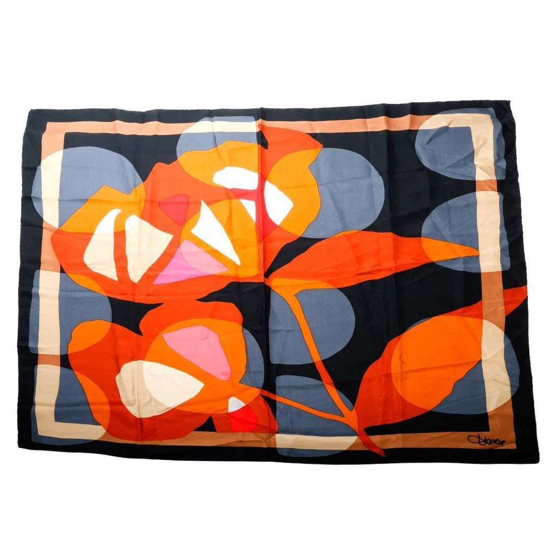 Vintage Diane Von Furstenberg Silk Scarf: A vintage Diane Von Furstenberg silk scarf, abstract large floral/leaf design in multicolor fall tones featuring orange and sienna, on black ground. Approx. 35" sq. Excellent vintage condition. T