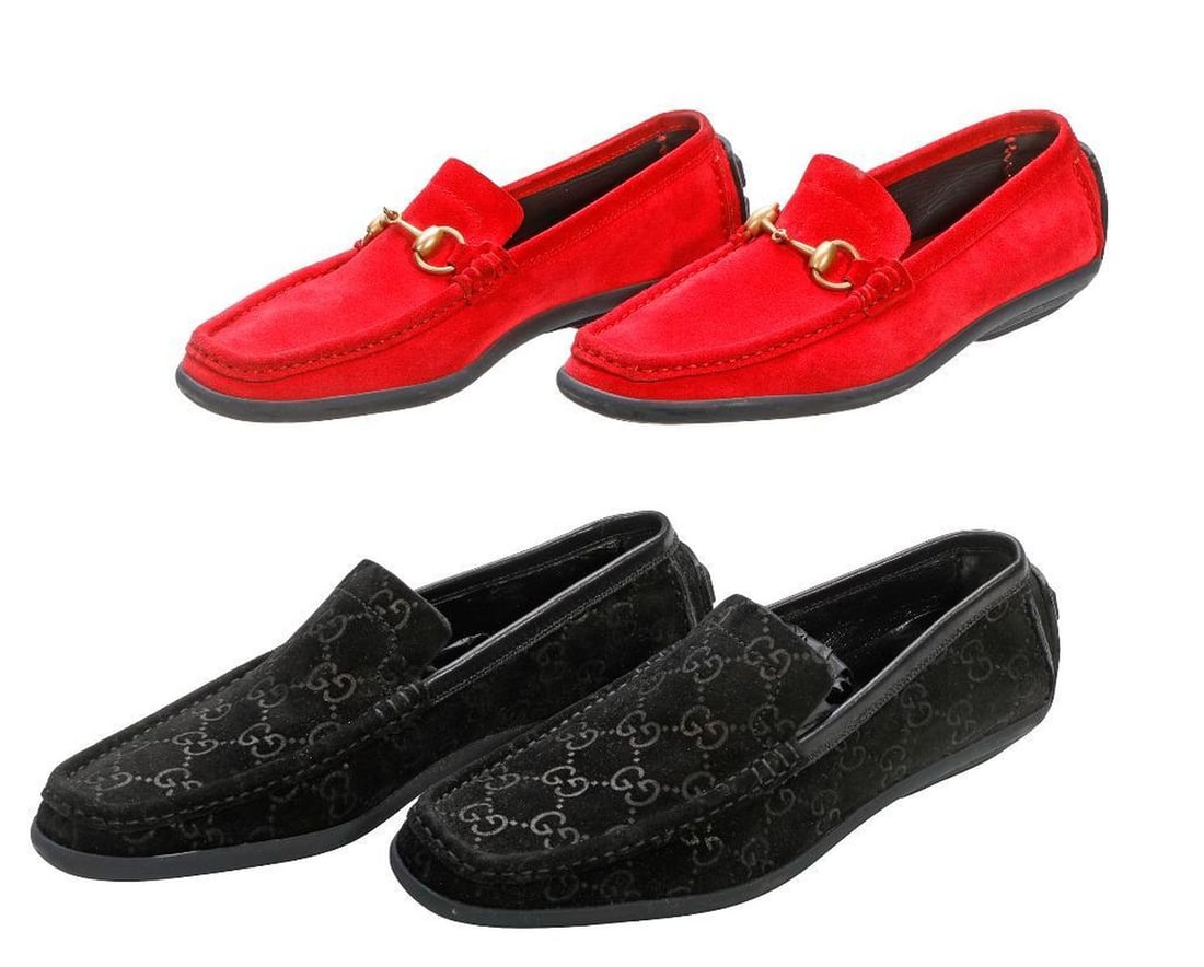 Two Vintage Pairs of Gucci Suede Loafers (Sz 7B): Two pairs of women's Gucci Made in Italy moccasin style loafers, Size 7B: black monogram embossed suede; and red suede with gold-toned hardware. Both in very good vintage condition, minimal wear. Both