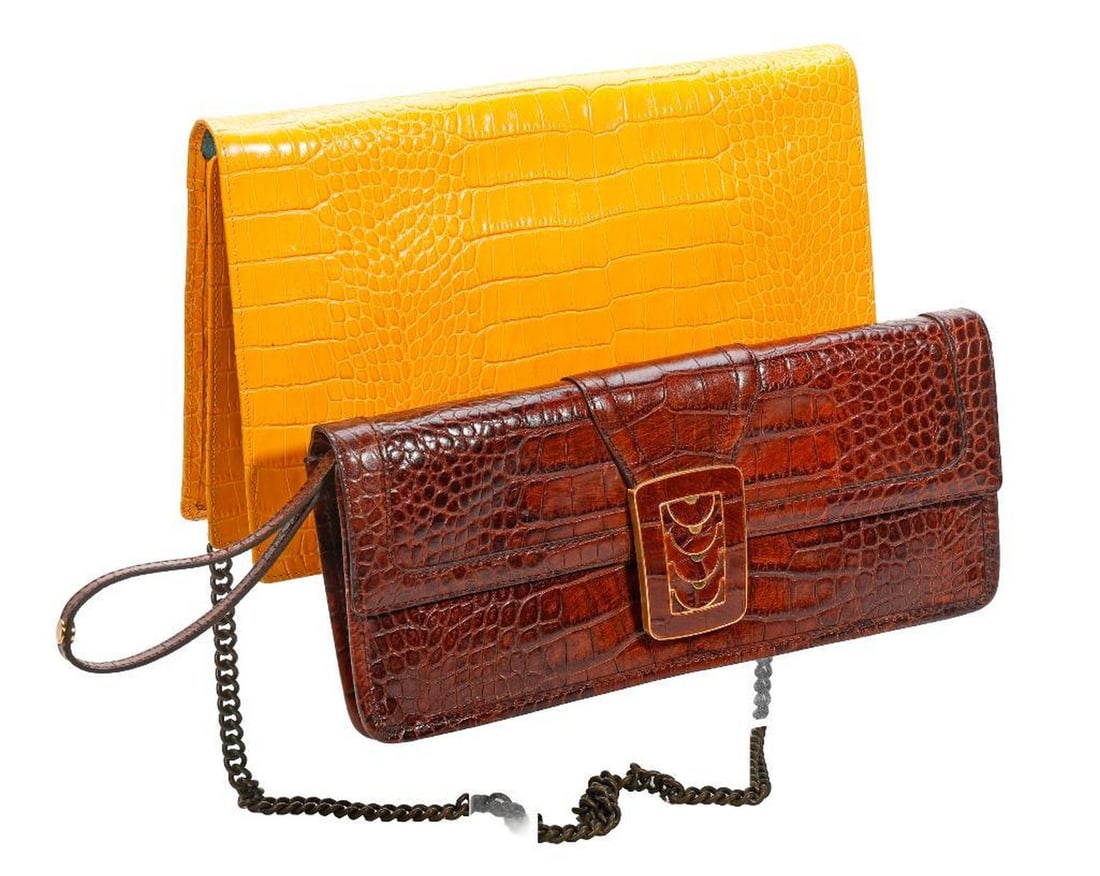 Vintage Marc Jacobs Yellow Purse, with a Cole Haan Clutch: A Marc by Marc Jacobs Alligator pattern embossed yellow leather clutch/shoulder bag with metal chain strap, 13" x 8" (excellent condition, with tag attached). Together with a Cole Haan brown alligator