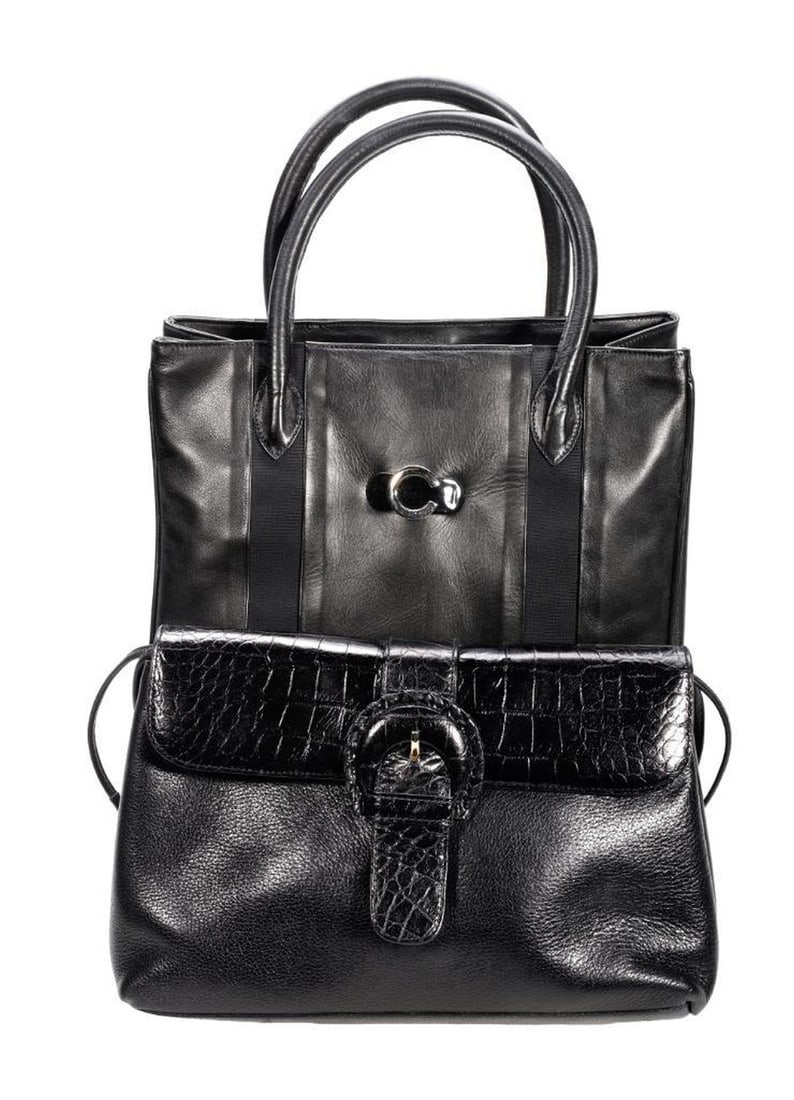 Two Vintage Black Leather Handbags, Mario Cerutti and Ellen Tracy: The Mario Cerutti, Vigevano, Italy labeled black leather handbag with silver-toned C logo and fabric stripe panels; magnet snap tab closure; 9 1/4" x 11 1/2" x 4 1/2" (excellent vintage condition). To
