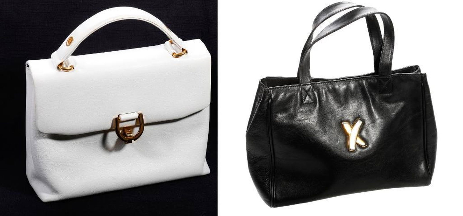Vintage Paloma Picasso Leather Handbag, with another: A black leather Paloma Picasso labeled handbag with gold-toned "X" embellishment (scratching/wear), 8" x 11" x 3 3/4." Together with a white vinyl handbag circa 1960s-1970s, marked Saks Fifth Avenue, 