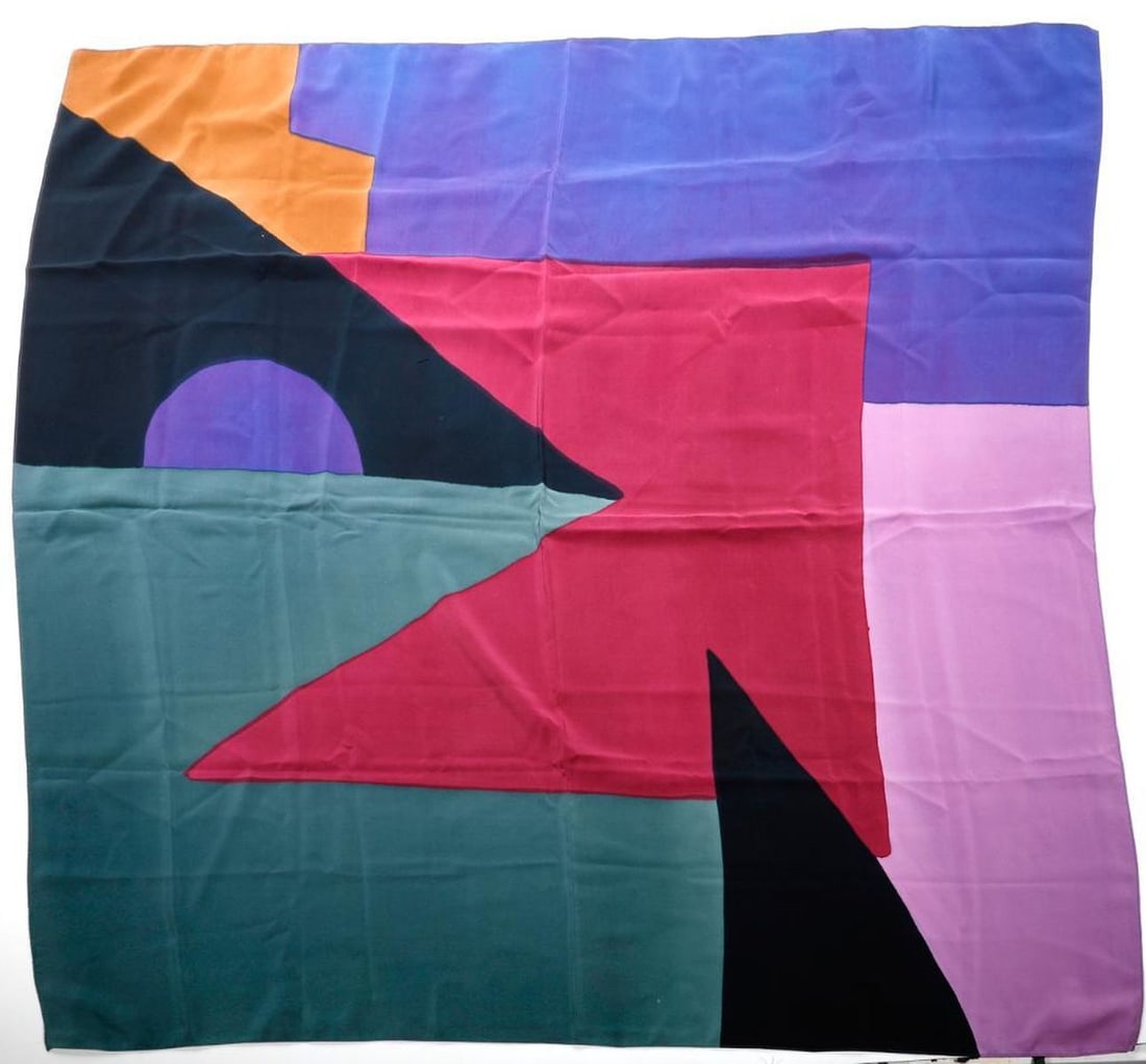 Vintage Silk Art Scarves (4): Scarves including a Swiss Silk Company San Francisco Symphony abstract, 34" sq.; a De Young Museum Amish Abstractions Quilts, approx. 36" sq. (both with tags/unworn). Together with a silk art scarf in