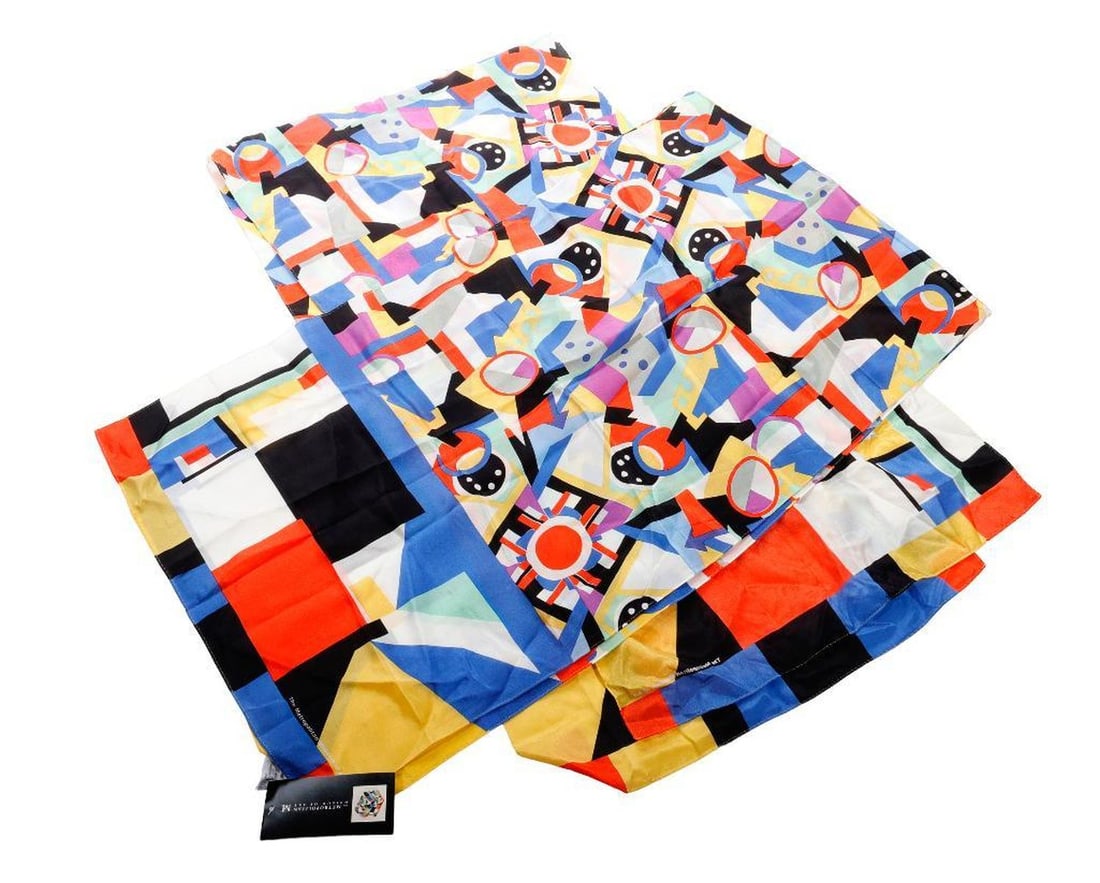 Group of Vintage Silk/Other Museum/Art Scarves (7): The assortment includes two Metropolitan Museum of Art scarves, one long silk scarf in a Sonia Delaunay abstract, with tag/excellent condition (together with a duplicate scarf, with scattered staining