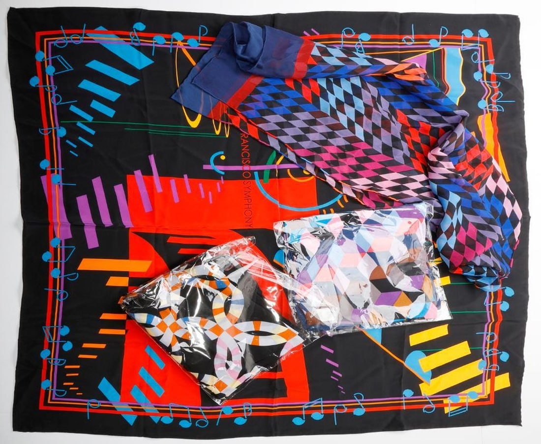 Vintage Silk Art Scarves (4): Scarves including a silk San Francisco Symphony abstract, approx. 36" sq.; a silk De Young Museum Amish Abstractions Quilts, approx. 36" sq. (with tags/unworn); a silk De Young Museum Amish Abstractio