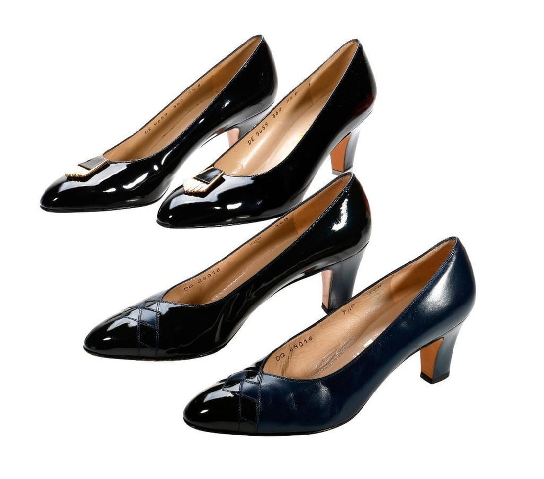 Two Vintage Pairs Ferragamo Pumps (Sz 7.5): Two pairs of circa 1980s-1990s Salvatore Ferragamo Made in Italy leather pumps, Size 7.5: the first in black patent leather with gold-toned metal embellishment, heel 2 3/4"; the second half blue calf,