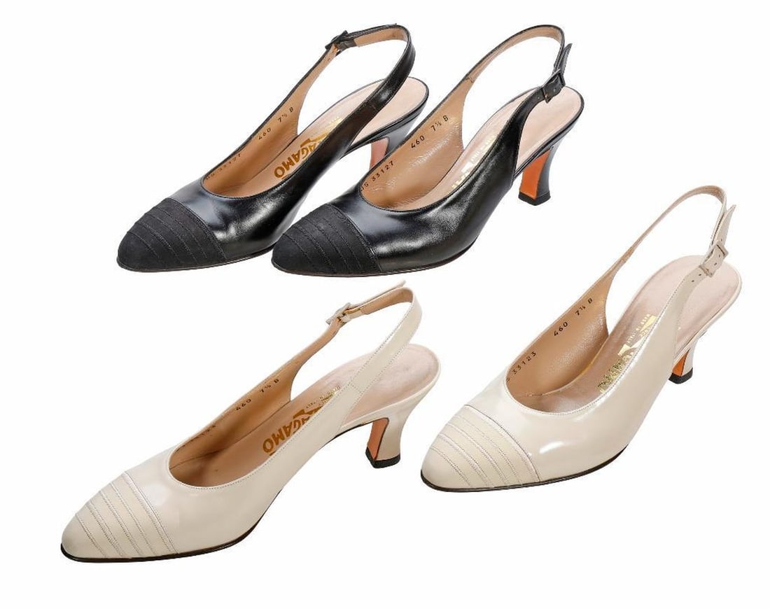 Two Pairs Vintage Ferragamo Sling-Back Pumps (Sz 7.5): Two pairs of circa 1980s-1990s Salvatore Ferragamo Made in Italy nubuck calf sling-back pumps with embroidered suede toes; one pair in black, the other ivory, both Size 7.5 B. Excellent