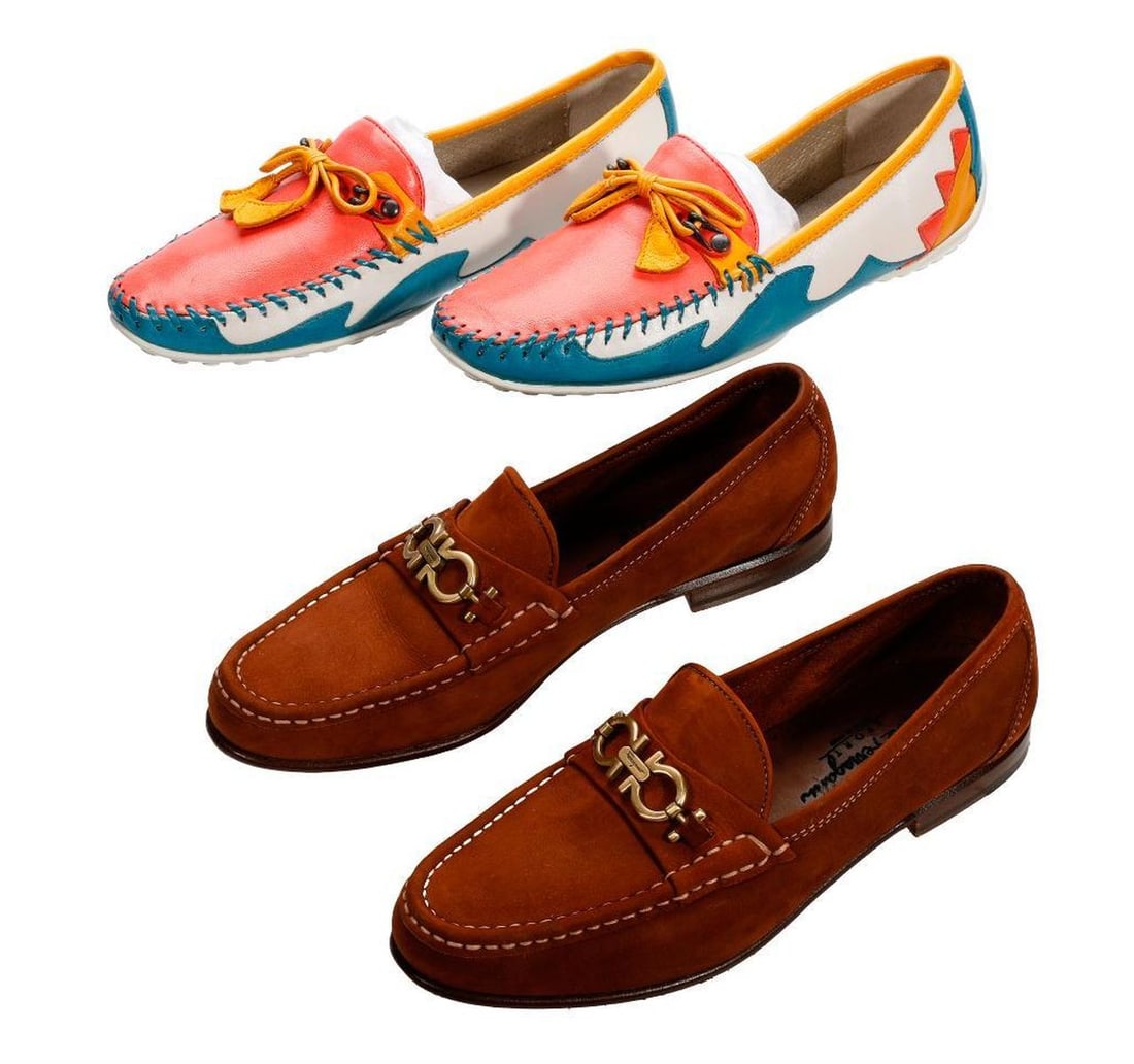 Vintage Ferragamo Suede Loafers, with Robert Zur Loafers (Sz 7.5B): Two pairs of Size 7.5B loafers: Salvatore Ferragamo Made in Italy brown suede loafers with gold-toned hardware; and Robert Zur white and multicolor leather moccasin style loafers. Both in very go