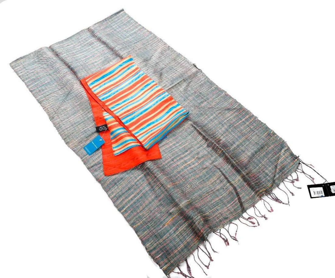 Vintage Jim Thompson Thai Silk Scarf, with two others: A vintage Jim Thompson Thai blue/green, pink, yellow weave long shawl/scarf (with tag/unworn); together with a silk Quilts of Gee Bend striped long/narrow art scarf (with tag/unworn); and a Made in It