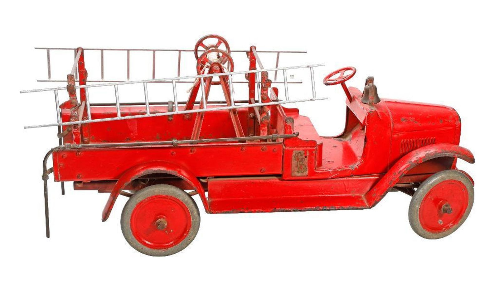 Toy Fire Truck: The red pressed steel cab with original red paint and decals including "CFD" decal, retaining its bell and ladder, 9"h x 28.25"l x 10"d (38.25" length with ladder) [ Condition: Loss of paint,