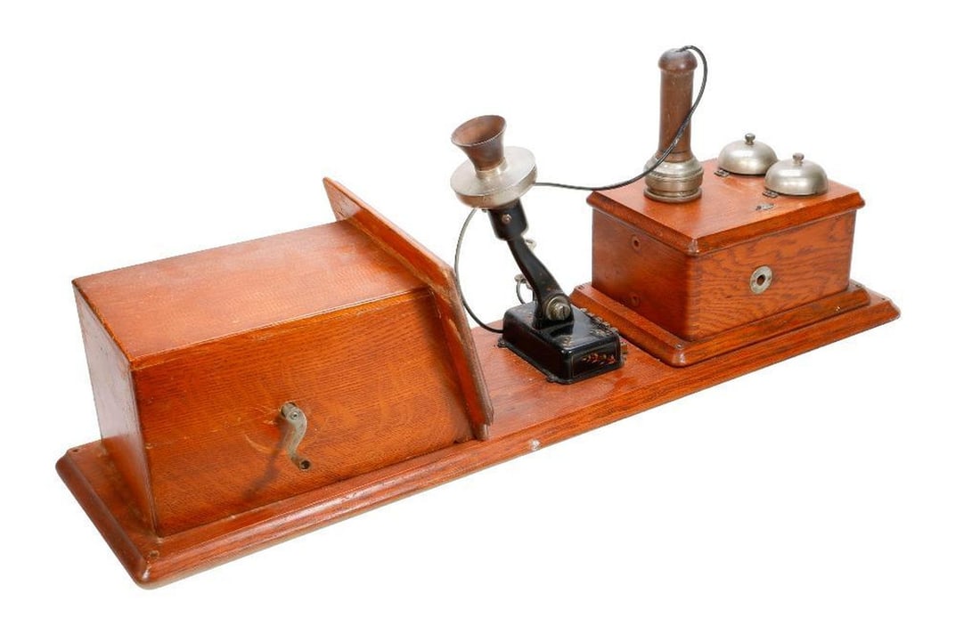 Vintage Oak Wall Telephone: Featuring a transmitter, receiver ear piece , and dual bells, 33"h x 8.5" w x 8"d