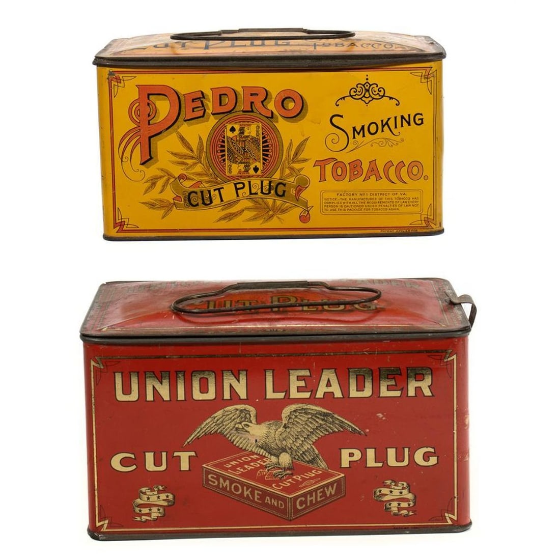 Two Vintage Tin Tobacco Boxes: The larger 4.5"h.. Condition: With expected wear to surface consistent with age and use