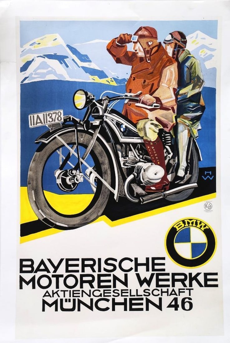 BMW Motorcycle Reproduction Poster: Title: BAYERISCHE MOTOREN WERKE/AKTIENGESELLSCHAFT/MUNCHEN 46. Publisher: Kunst Im Druck Munchen, Germany. Medium: Offset print poster. Size: Unframed 46"h x 29.5"w (sheet). Condition: overall
