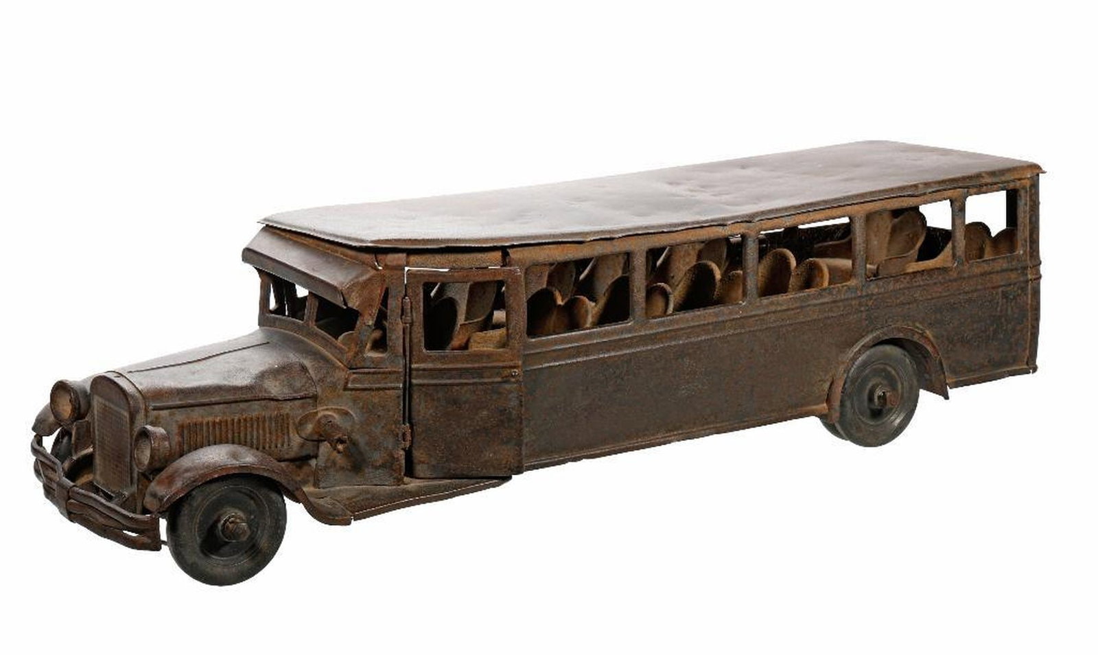 Large Art Deco Cast Metal Bus: The long vehicle fitted with seven rows of seating, including 7.5"h x 27.5"w x 8"d. Condition: Overall surface rust, both doors bent, the roof with pellet denting, lacking lights for front light