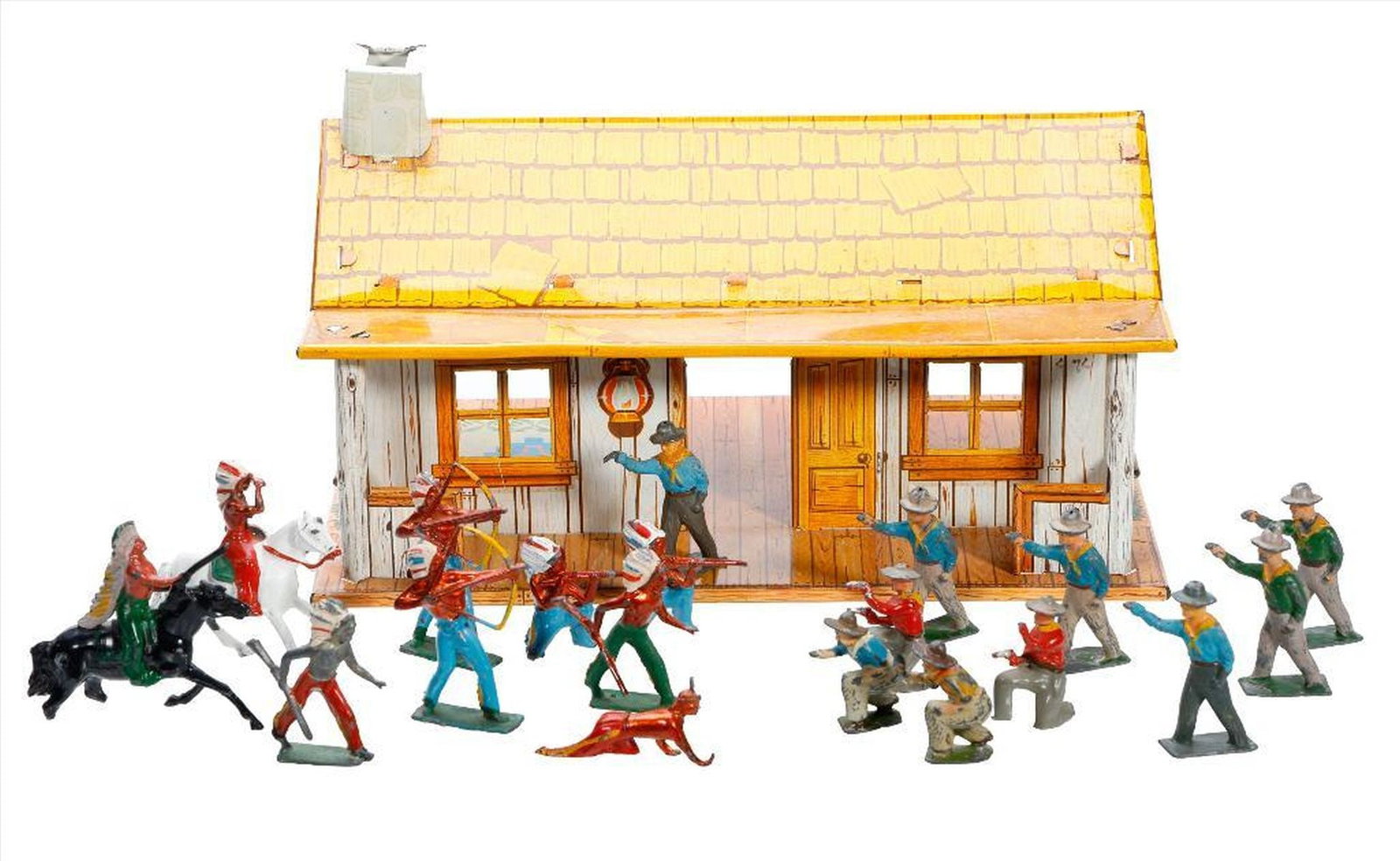 Louis Marx & Co. Tin Litho Wild West Ranch House with Lot of Lead Soldiers and Warriors (1 of 2)