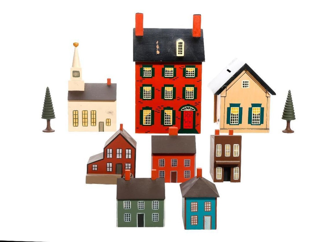 Eight American Heritage Collection Painted Wood Buildings: Comprising (5) American Heritage Collection painted wood houses or businesses including a model of a mill; a church with steeple, indistinctly signed on base; (2) Winfield Designs house banks {one red