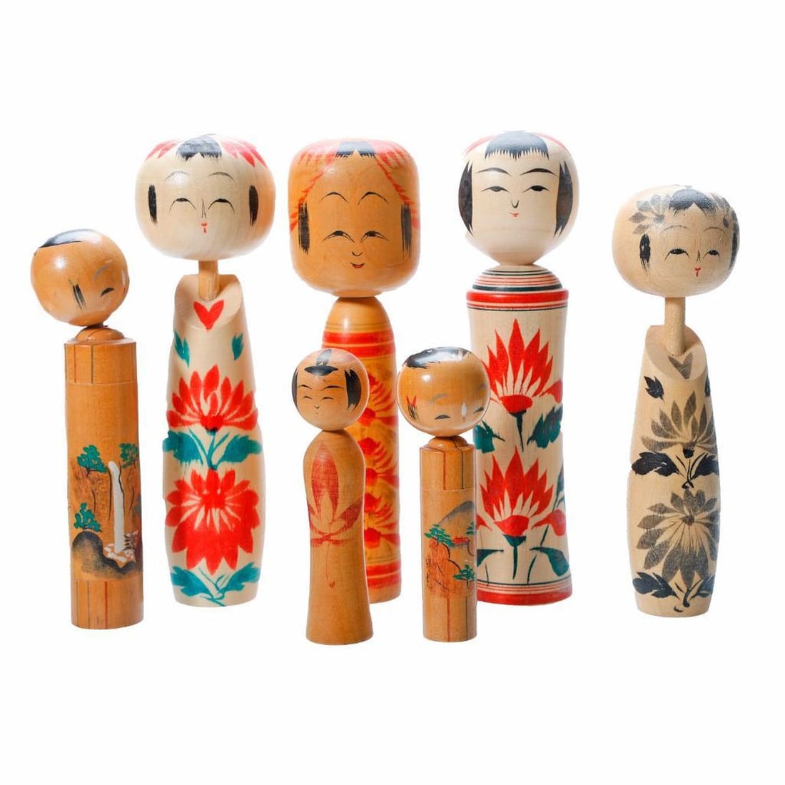 Lot of Miniature Traditional Kokeshi Dolls: Each having a cylindrical body, a large round head, and decorated in a chrysanthemum pattern (two decorated with a landscape), each signed, size range 3.5"-8"h. Condition: discoloration and