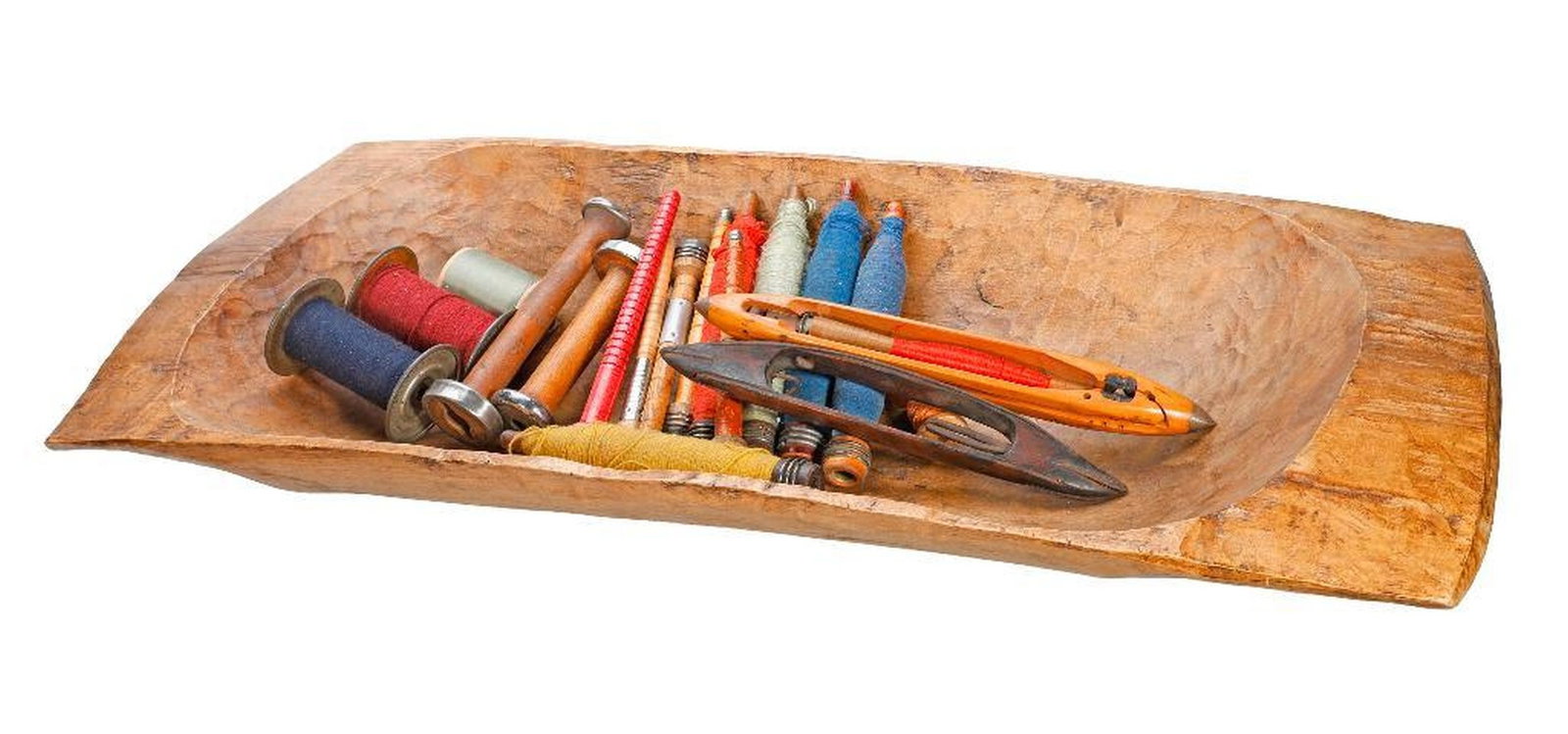 Collection of Vintage Industrial Textile Mill Bobbins, Spools and Spindles: Including (6) wrapped wood shuttle bobbins, each with a different colored colored thread, 9"l; (5) bobbins with no thread measure; (6) spools of various sizes, two with thread; and (2) wooden