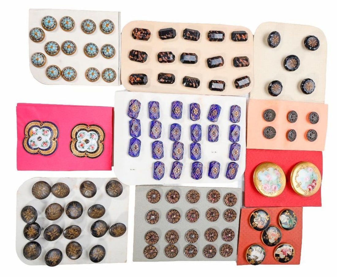 Collection of Antique Buttons and Glass: A collection Victorian, Edwardian, Art Deco, and later glass and metal decorative buttons, including a pair of French gilt and floral enamel (1 1/4"); another smaller gilt and floral enamel pair; a pa