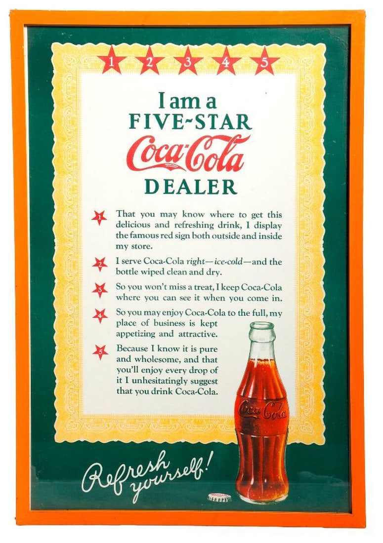 Art Deco Coca-Cola Five Star Dealer Sign: Circa 1930s Retailer's Sign for Marketing Coca Cola Medium: Cardboard Size Image 17.34"h x 11.75"w Size Frame 18.5"h x 12.75"w Overall good condition
