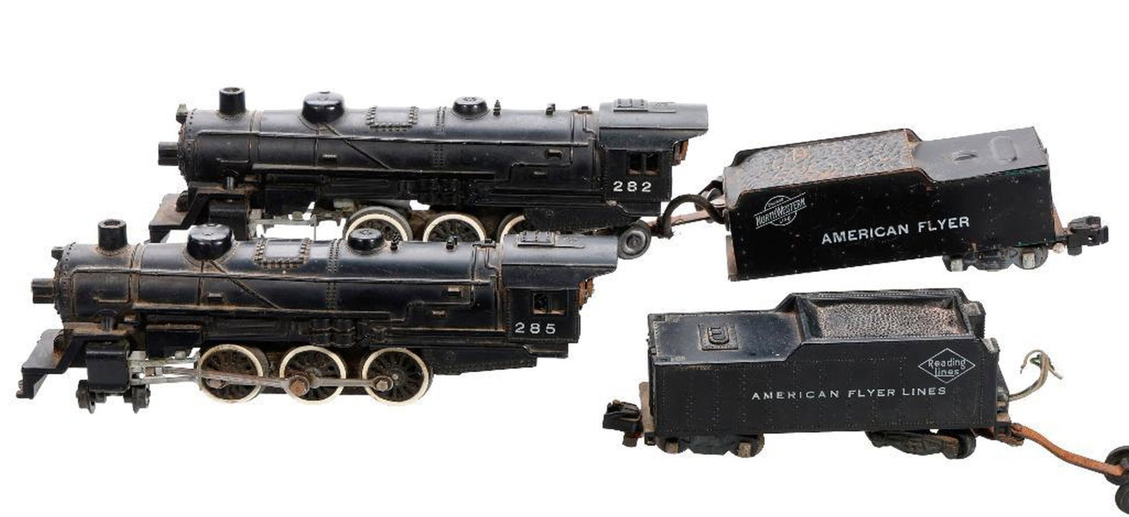 Assembled Lot of Toy Train Locomotives and American Flyer Cars - 2