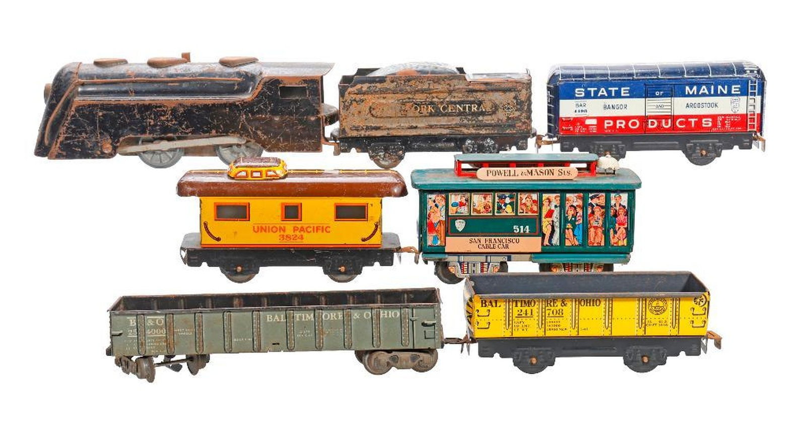 Marx O Gauge Locomotive, Four Marx Litho Toy Train Cars and Powell & Mason Cable Car (1 of 2)