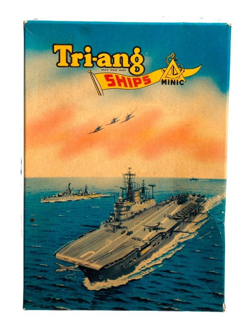 Vintage Boxed Set of Tri-Ang Minic Ships Royal Navy Carrier Task Group Model M893: Circa 1960, this set including eight 1:1200 scale die cast waterline ships, e.g. an aircraft carrier; a cruiser; a frigate; and a minesweeper; together with miscellaneous plastic ship models