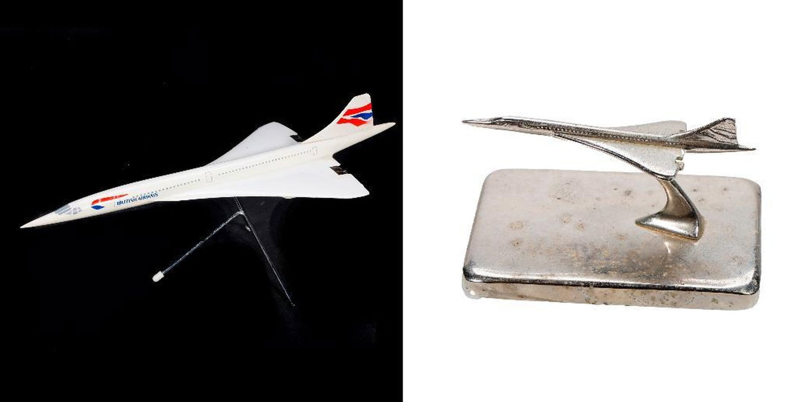 British Airways Jet Model: Constructed of fiberglass with paint details, suspended on a tripod base 5.5"h x 12"w x 5.5"d (wing); together with a miniature chrome paperweight with a suspended Concorde model 1.75" x 3" x 2".