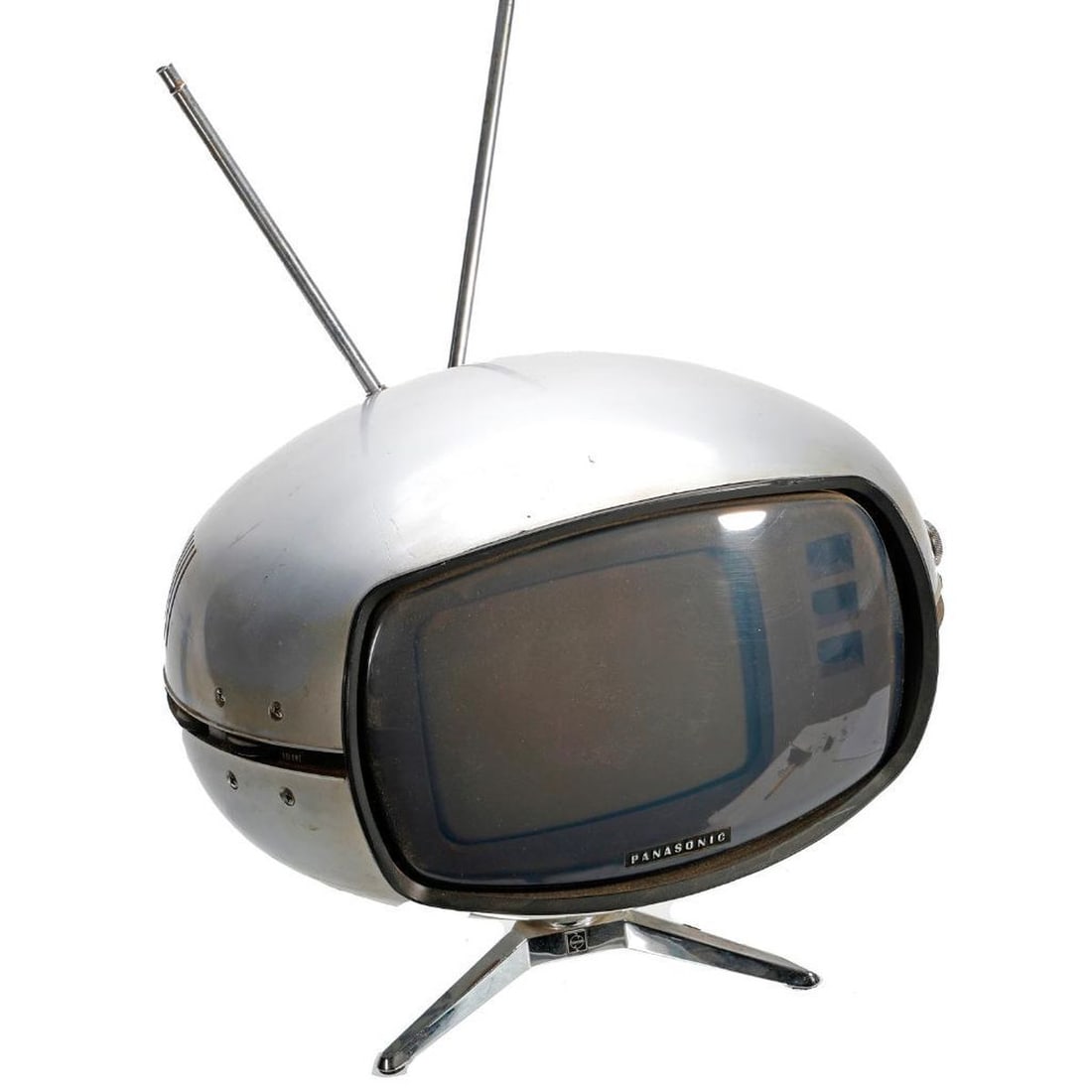 Panasonic TR-005 Space Age Television: A 1970s Panasonic TR-005 Orbitel design transistor television; Matsushita Electric Industrial Co., Ltd., Made in Japan. The futuristic saucer-shaped tv on tripod stand. Approx. 10" h x 11" w.