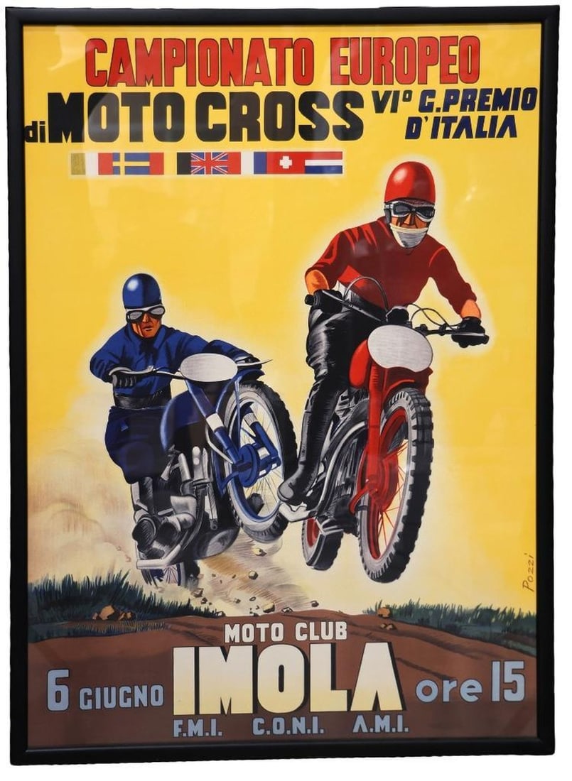 After Pozzi Italian Imola Moto Cross Poster: Artist: After Pozzi Title: Advertisement for European Motocross Championship held on June 6, 1955 in Imola, Italy Size: Sight 40" x 30", frame 41" x 31.5"