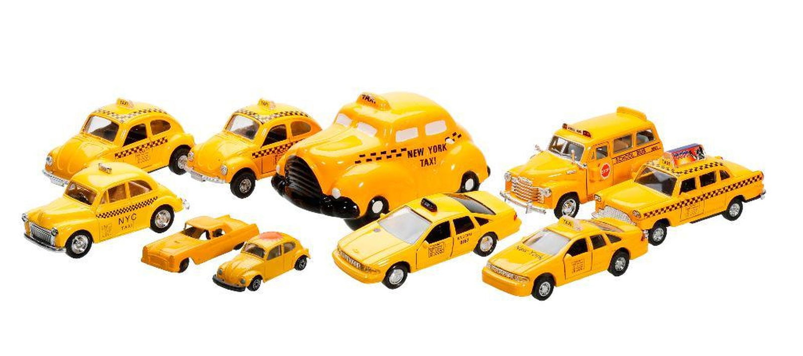 Lot of New York Toy Cabs and Matchstick Cars: Comprising (6) diecast New York taxi cabs, including a 1:43 scale replica of a "Golden Classic" Morris Minor 1000 taxi 4"l; a 1993 Chevrolet Caprice Road Champ with operational front doors