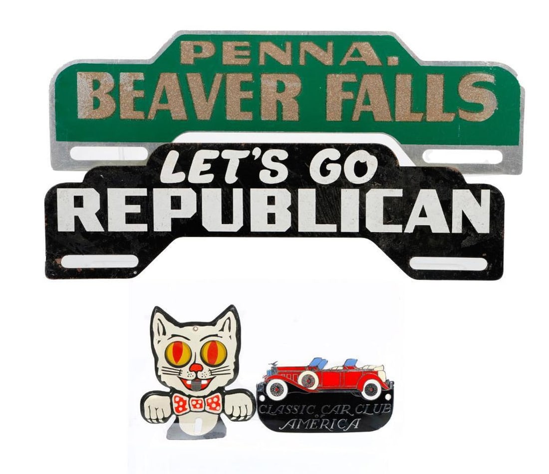 Kitty Cat License Plate Topper, with Others (4): A die-cut kitty cat license plate topper with "tongue" lever moving eyes. Together with two other metal toppers, "Let's Go Republicans" and "Beaver Falls"; and an enameled metal "Classic Car
