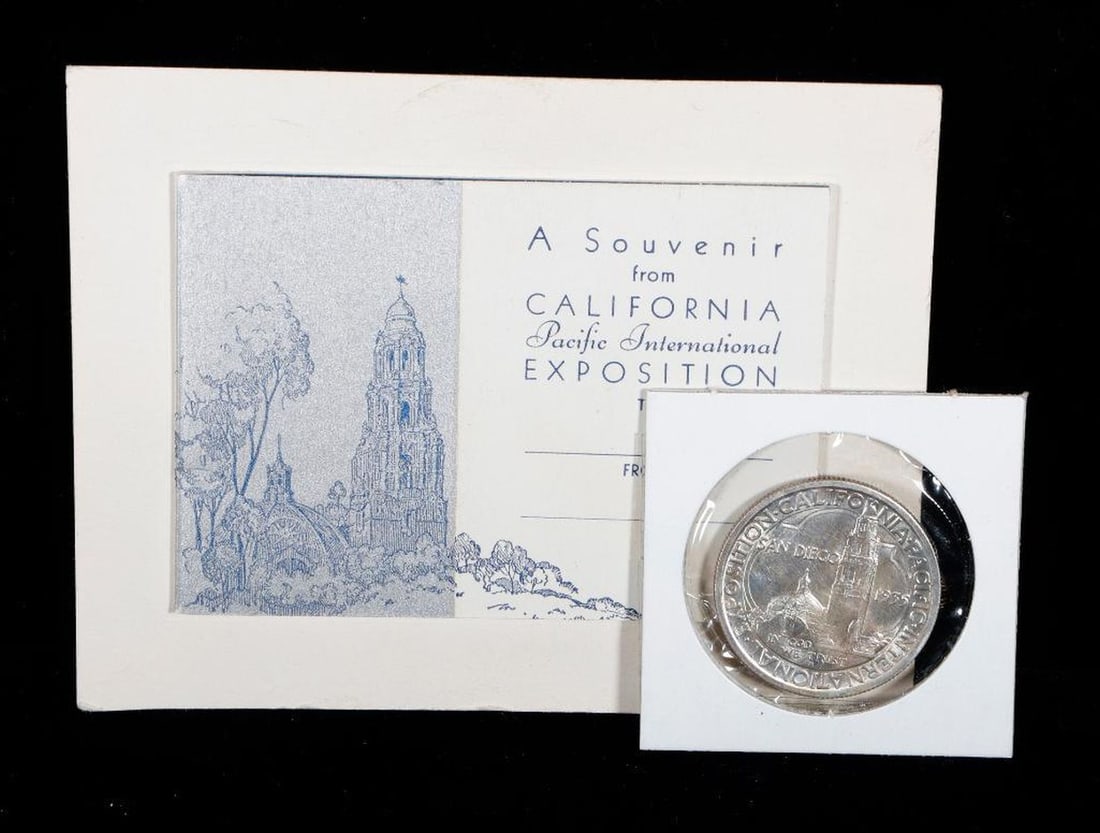1935-S San Diego Pacific Exposition Half Dollar: Mint State in sleeve, accompanied by the California Exposition folder
